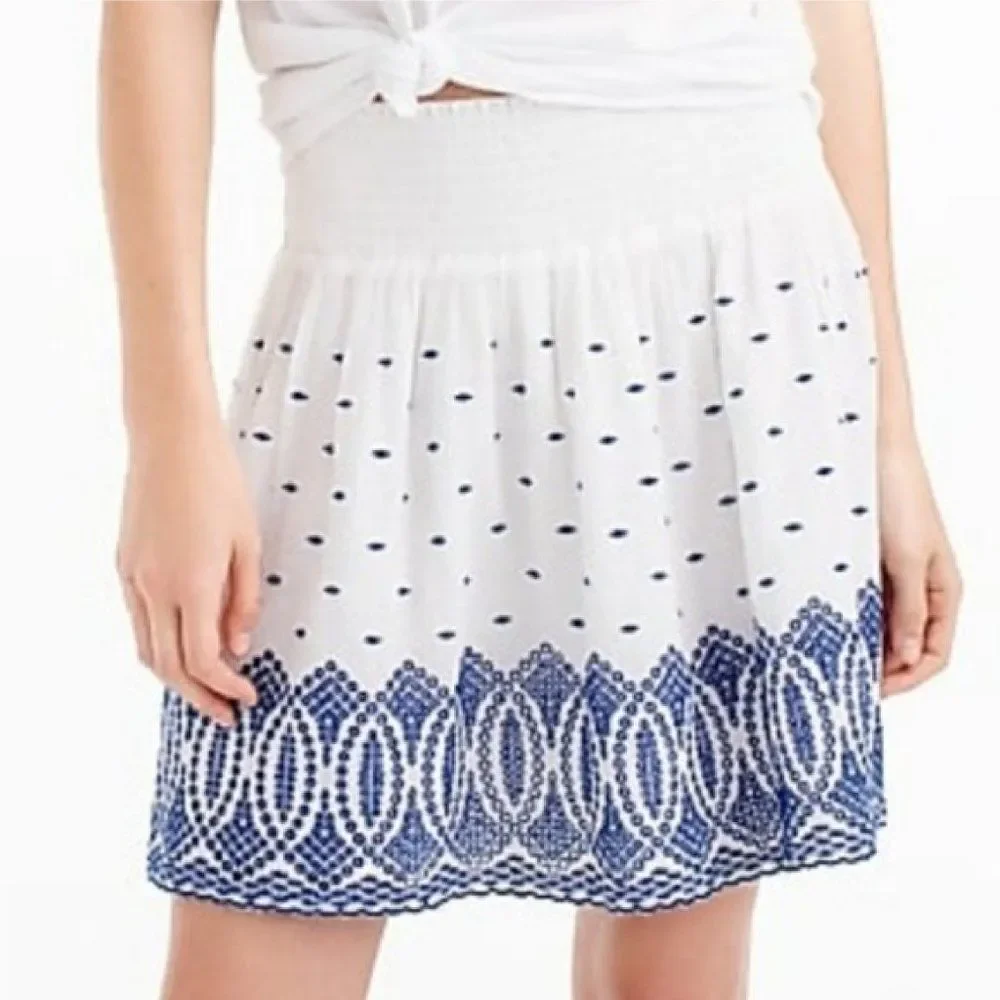 J.CREW Skirt, XS, Smock waist, White/Blue Gauze, Above the knee, Eyelet hem